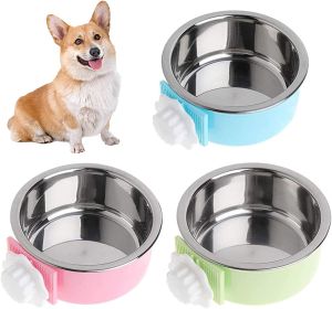 Crate Dog Bowl; Removable Stainless Steel Hanging Dog Cage Bowl Food & Water Feeder (size: blue)