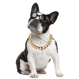 Pet gold collar Dog Chain Collar Keji Teddy Fadou domineering big gold necklace dog playing cool jewelry big gold chain (Color: golden, size: 45cm necklace +7cm adjusting chain)
